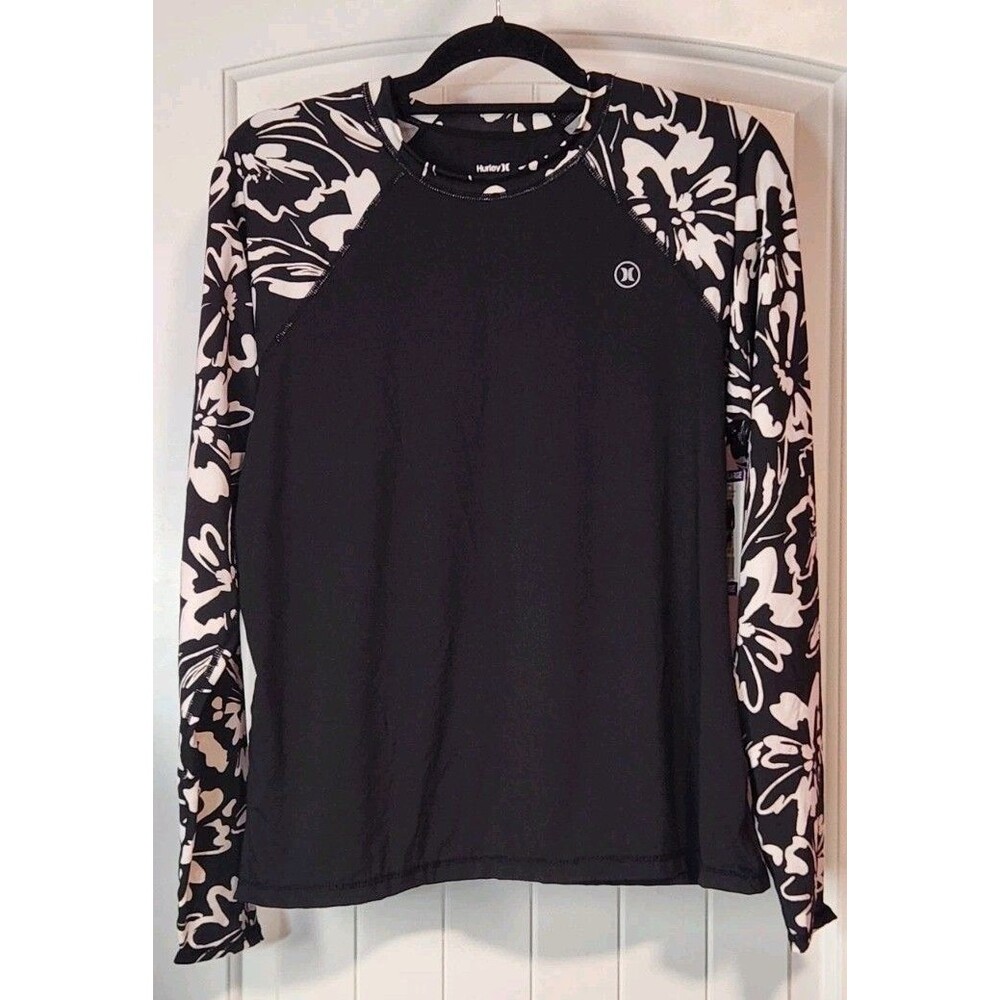 Hurley NWT Ink Fresco Print Black Tropical UPF 50 Sun Swim Shirt Size XXL